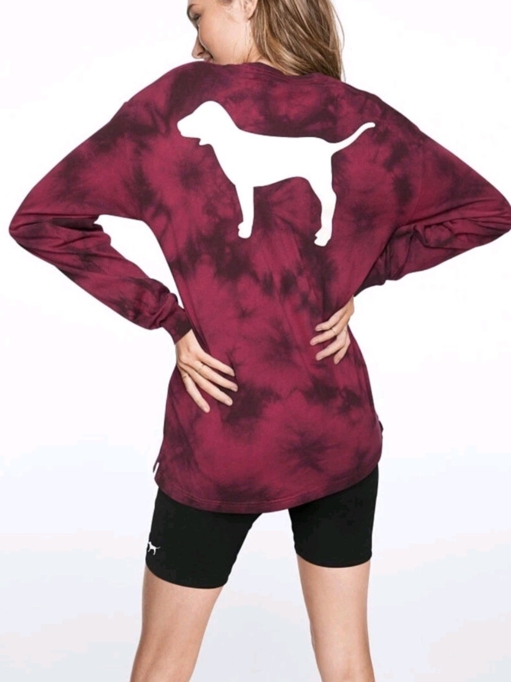 PINK Victoria's Secret Womens Red Tie-Dye White Dog Graphic Long Sleeve Top XS
